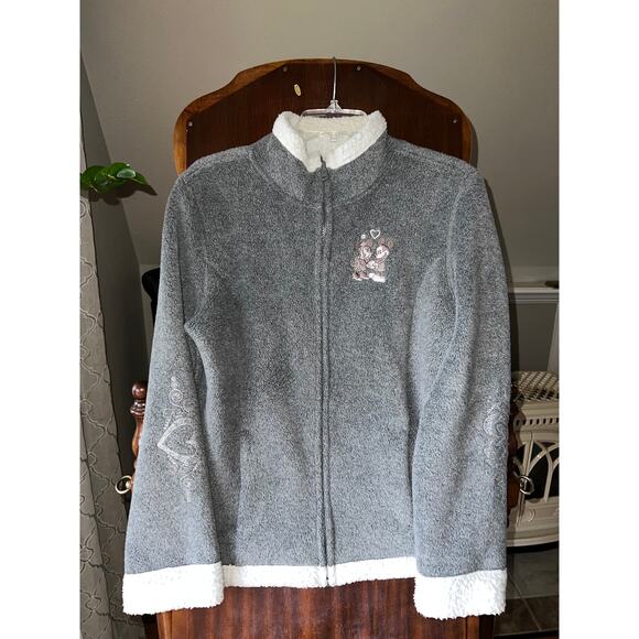 Walt Disney World Grey Mickey Minnie Embroidered Fleece Sherpa Zip Jacket - Picture 1 of 9